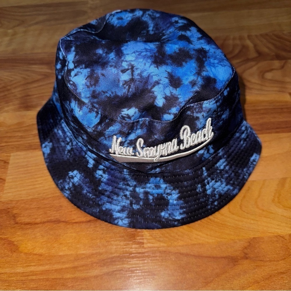 New Smyrna Beach Bucket Hat Blue Tie Dye Black Inside White Embroidered Letters